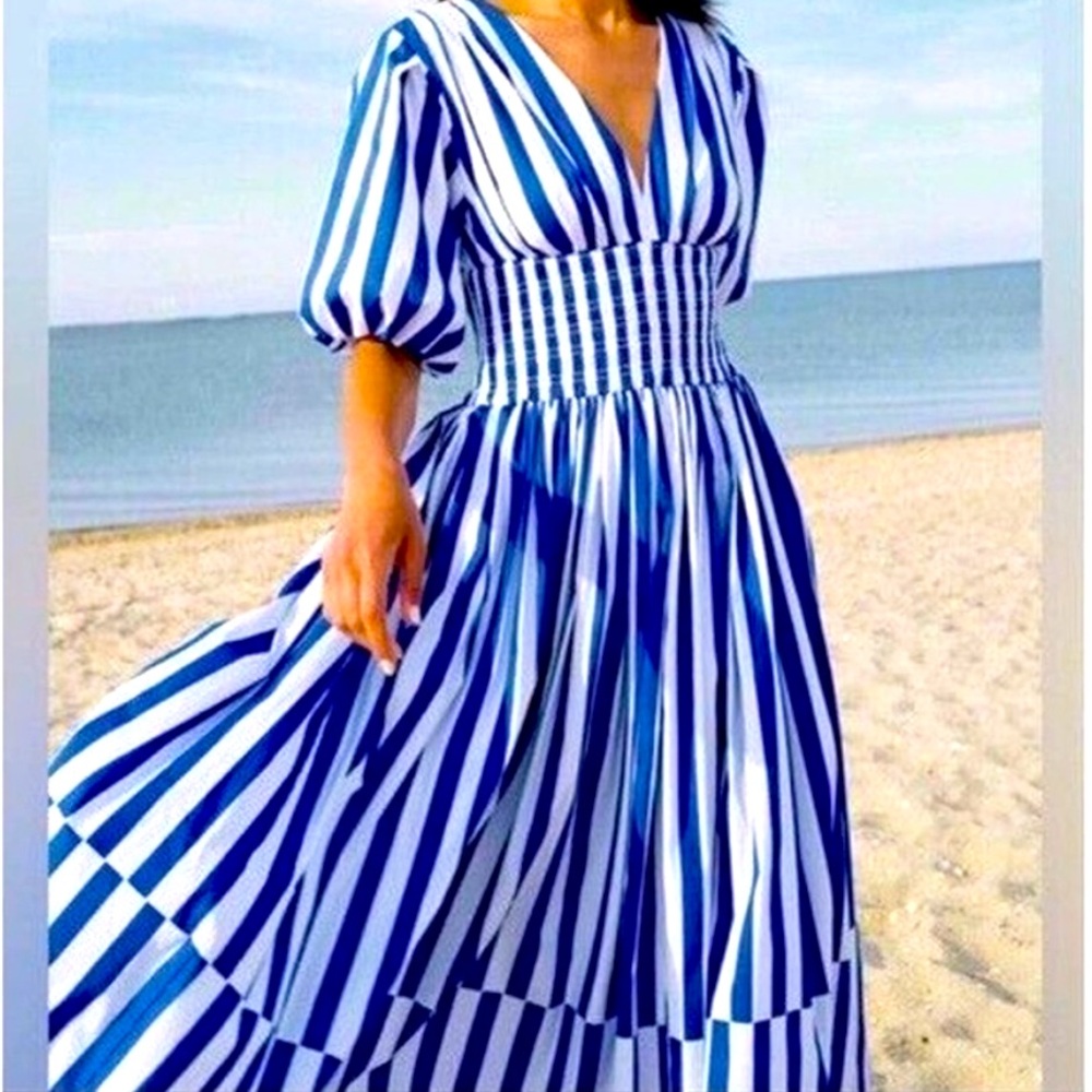 AYR The Extra Extra Puff Sleeve Midi Dress in Blue Stripe S